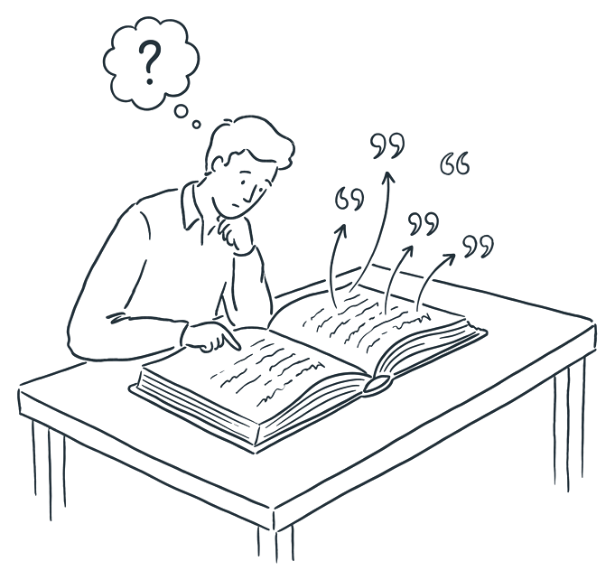 A person reading a large book, with quotation marks rising from its pages.