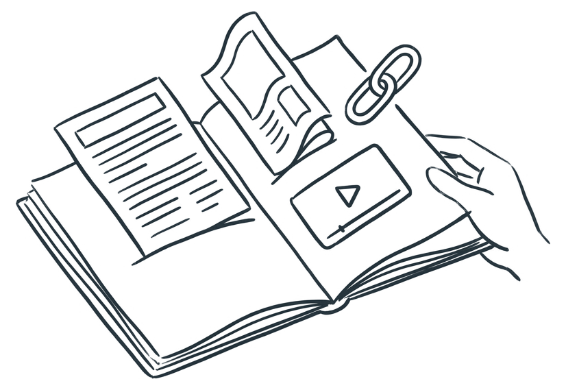 An open notebook with an article, a magazine page, a video and a link being tucked into it.