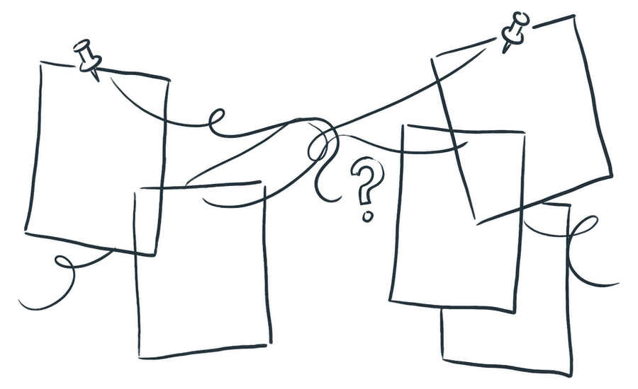 Sheets of paper pinned to a wall and joined by threads, with a question mark between two of them.
