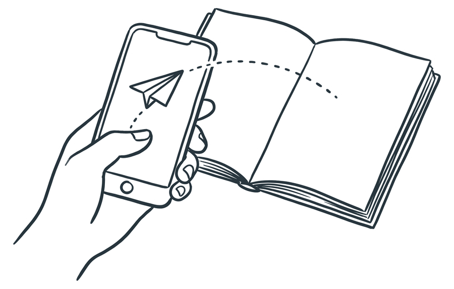 A hand holding a phone, with a link flying as a paper aeroplane into an open notebook.