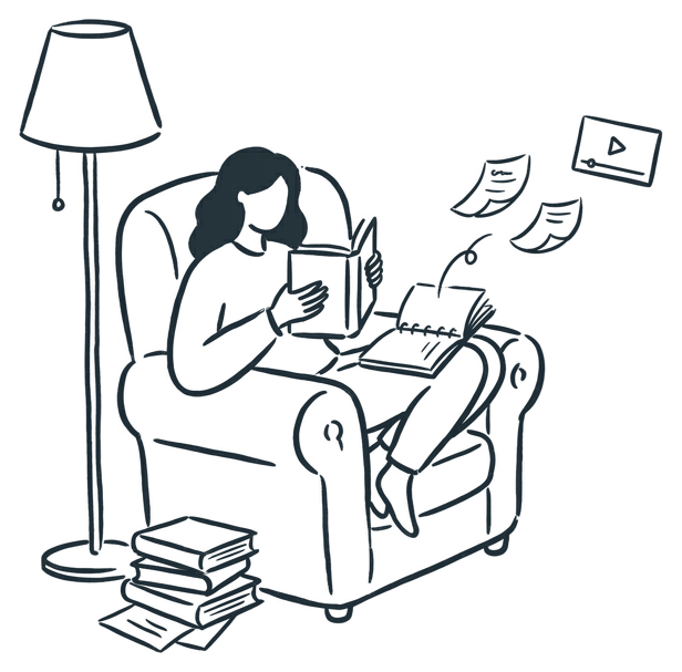 A person curled up in an armchair reading, with pages and a video drifting into the notebook on their lap.