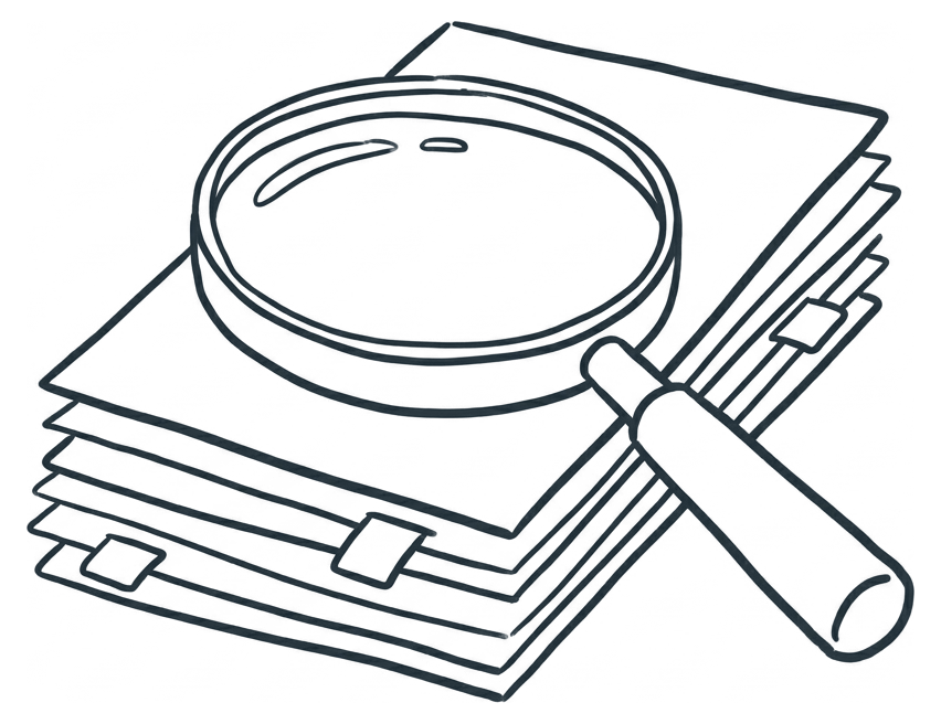 A magnifying glass over a stack of journal papers with bookmark tabs.