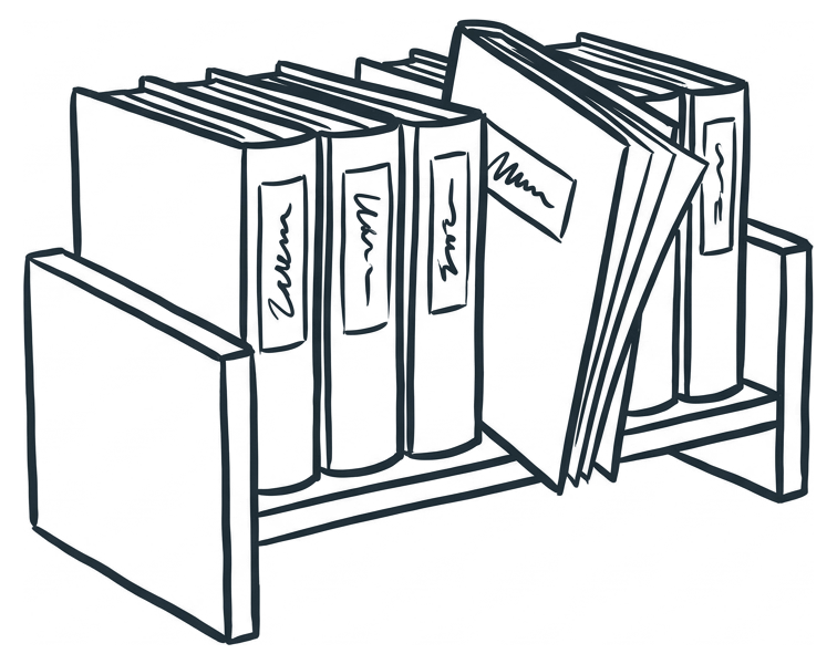 A short bookshelf of tall labelled notebooks, one pulled slightly forward.