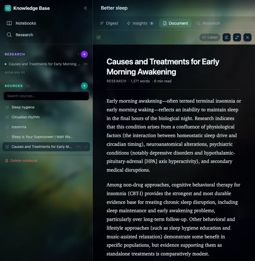A research report in a notebook: causes and treatments for early morning waking, drawn from published papers.